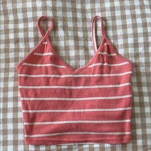 Cotton Coral Pink and White Striped Ribbed Tank Top